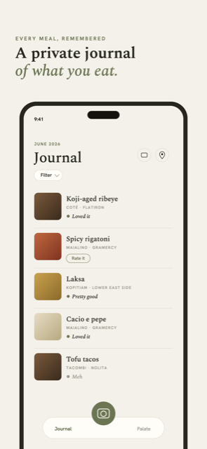 Smackerel's Journal showing a chronological list of logged meals with photos and verdicts.