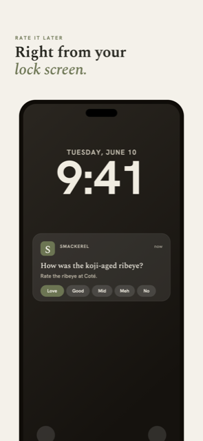 A lock-screen notification asking how a meal was, with Love, Good, Mid, Meh and No rating buttons.