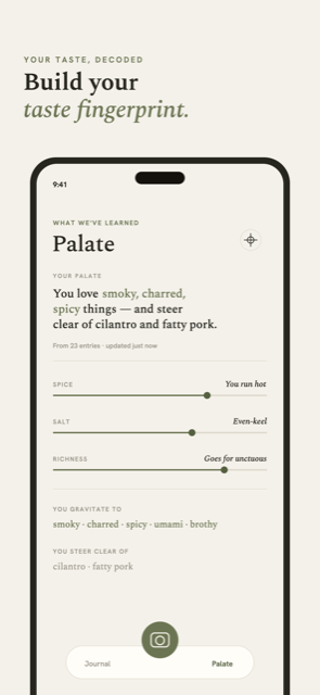 Smackerel's Palate screen showing Spice, Salt and Richness dials and the flavors you gravitate to.